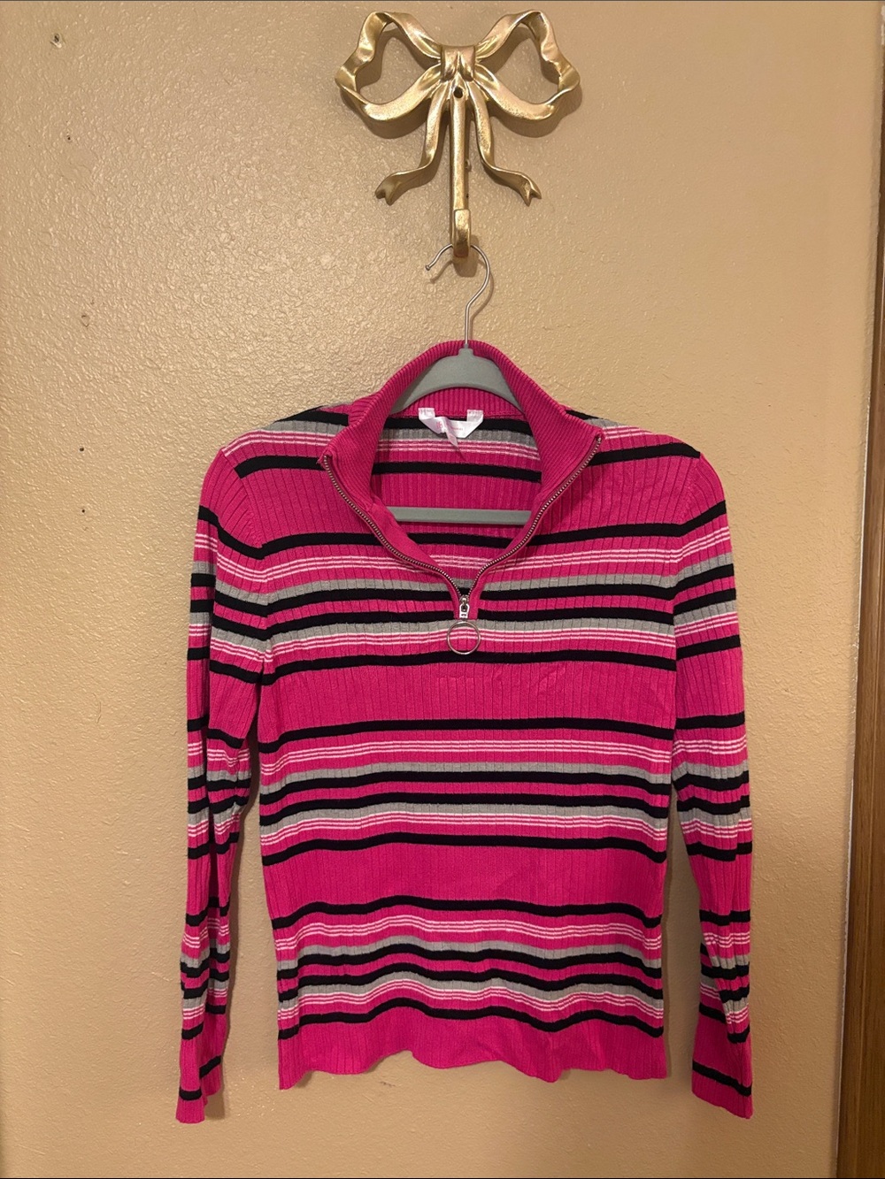 No Boundaries Hot Pink Striped Knit Top with Silver and Black Accents